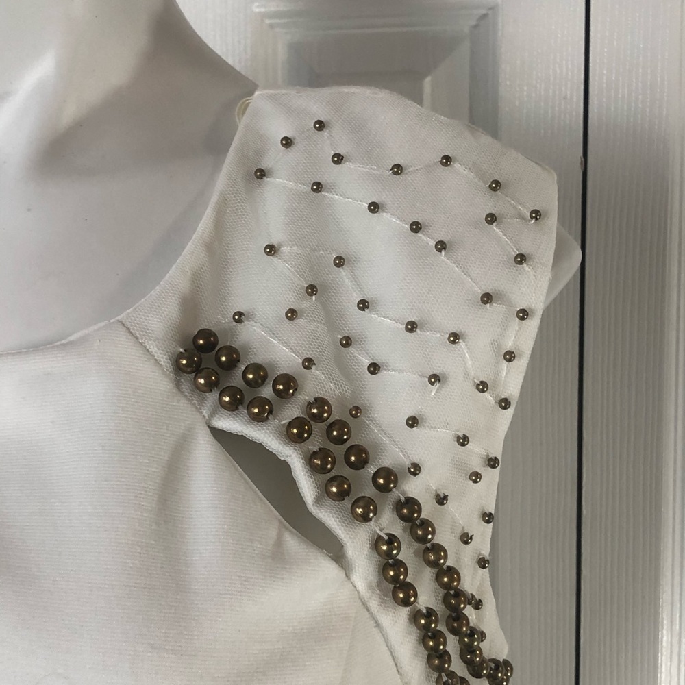 Ruby Rox Cream Colored Lined Sleeveless Dress with Gold Beads. Size 13 - Picture 6 of 12